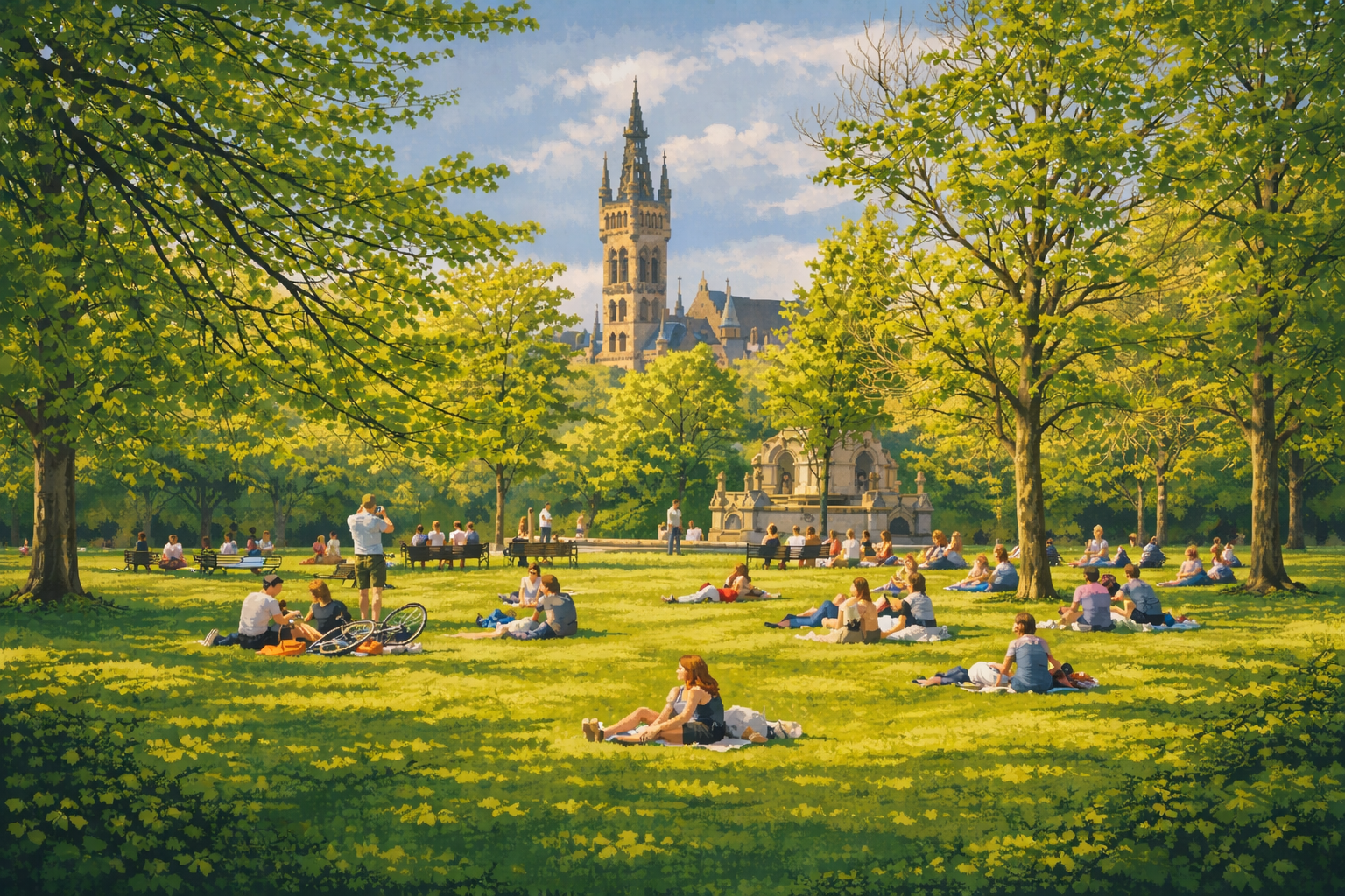 Kelvingrove Park on a sunny day — people relaxing on the grass with the University of Glasgow tower rising through the trees