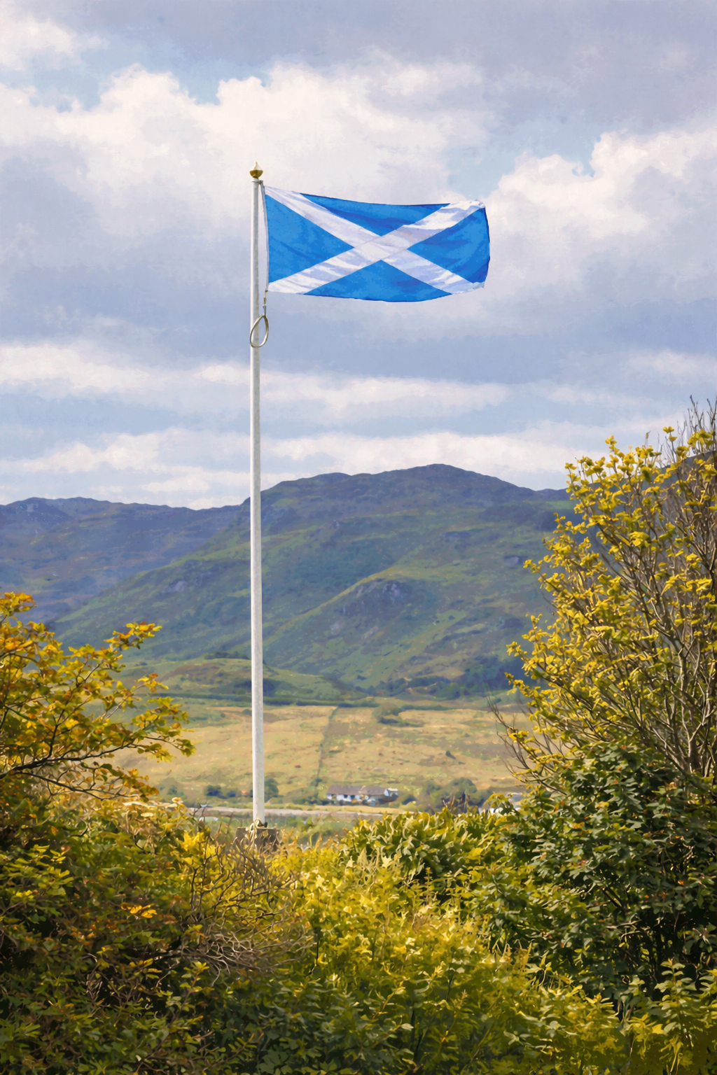 Scottish Saltire flag flying over the Highlands