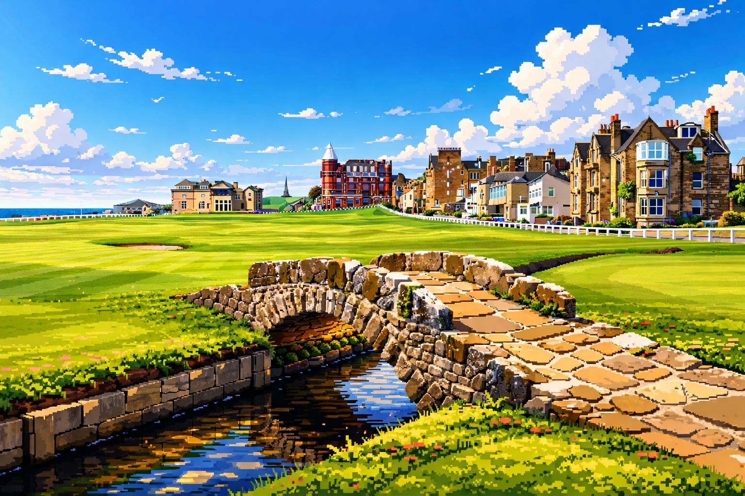 St Andrews Old Course — iconic Swilcan Bridge with historic clubhouse buildings under a bright blue sky